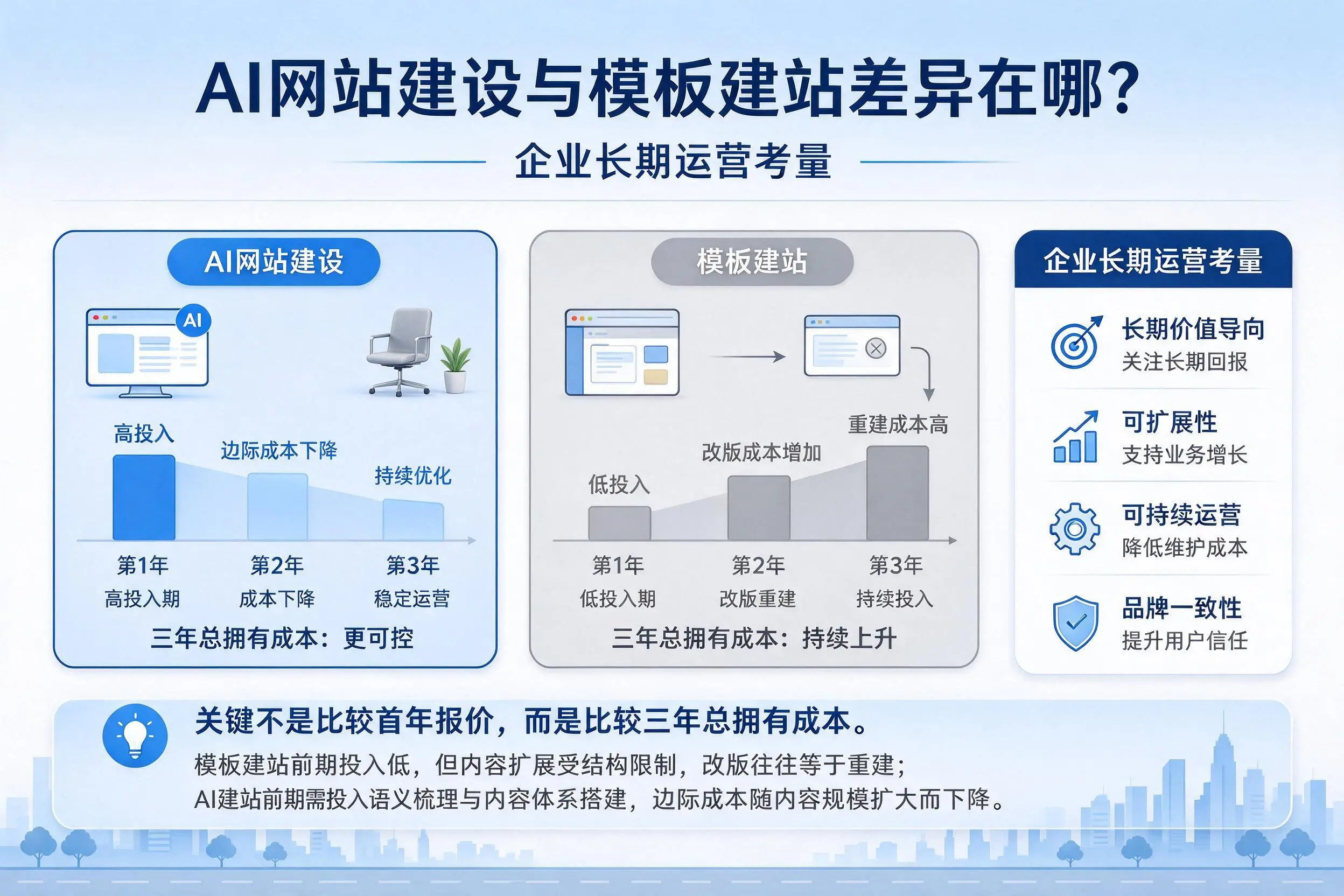 AI网站建设与模板建站差异在哪?乌鲁木齐企业长期运营考量